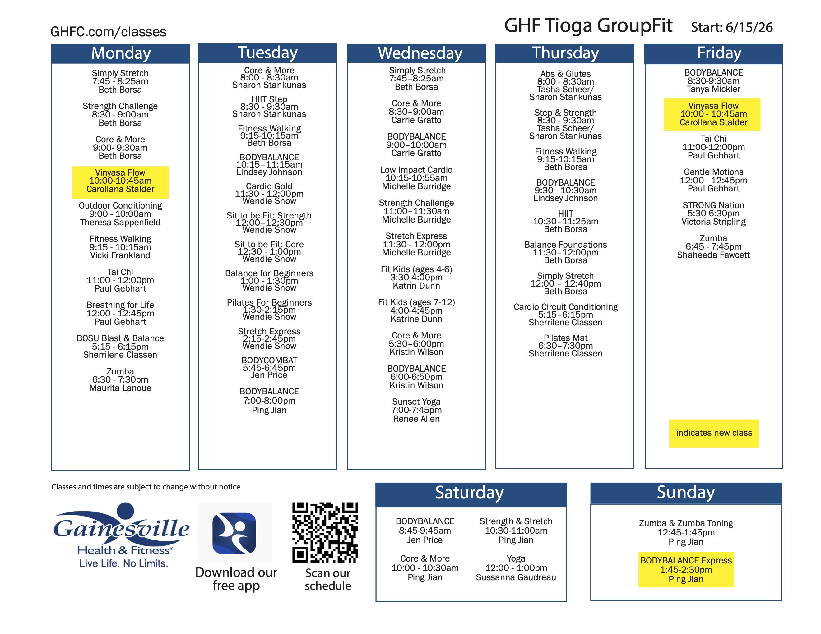 Try New Class Schedule at Tioga