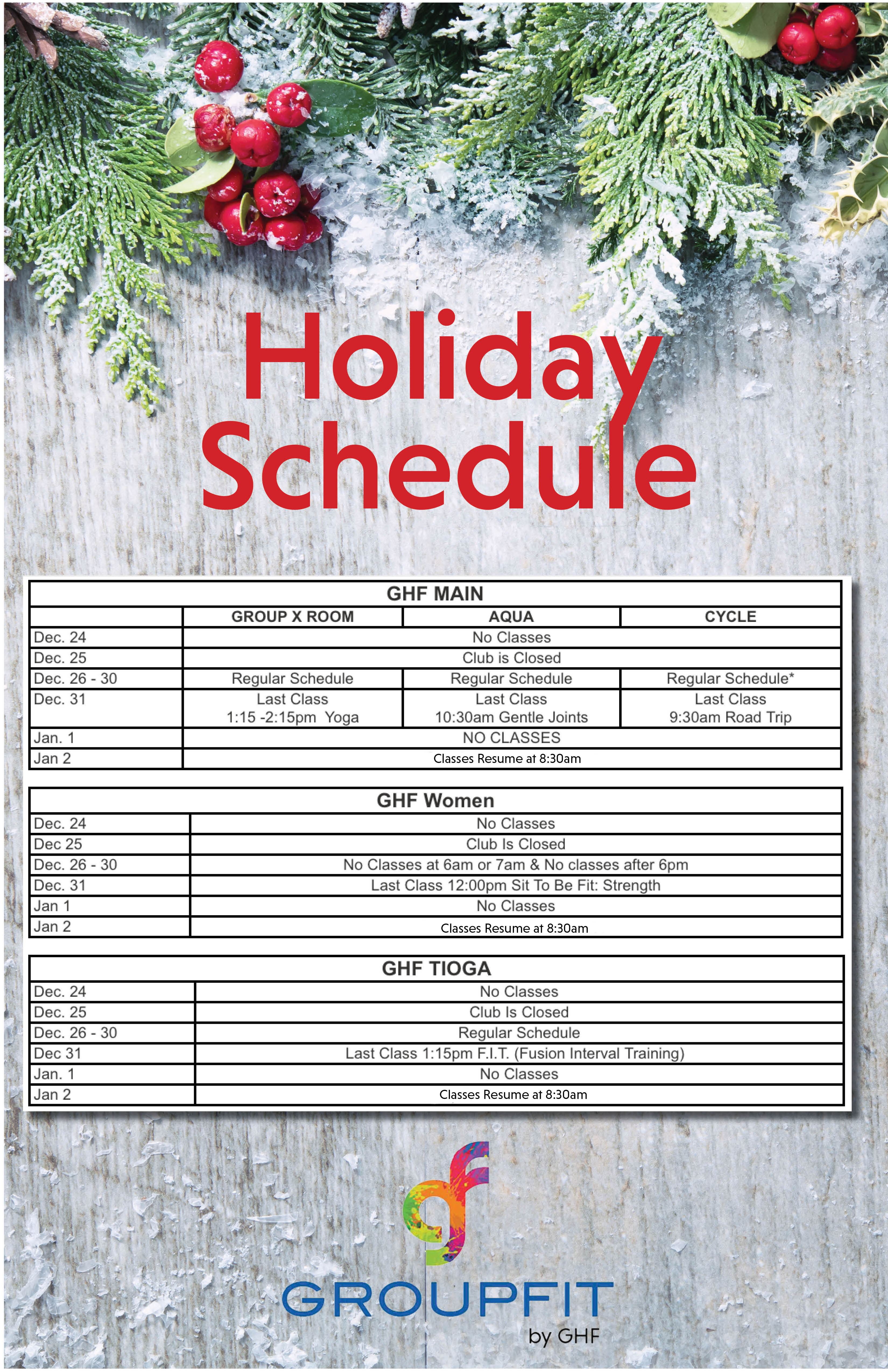 Holiday Group Schedule