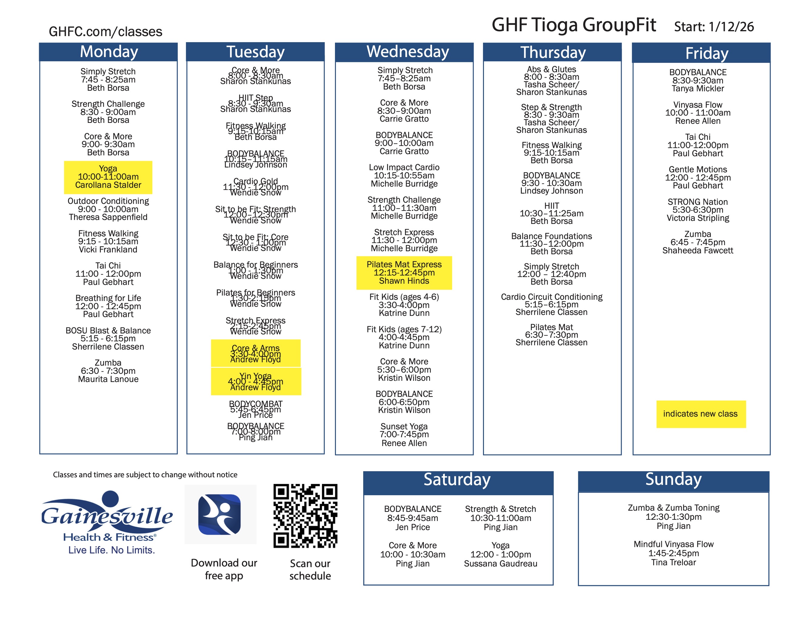 Try New Class Schedule at Tioga