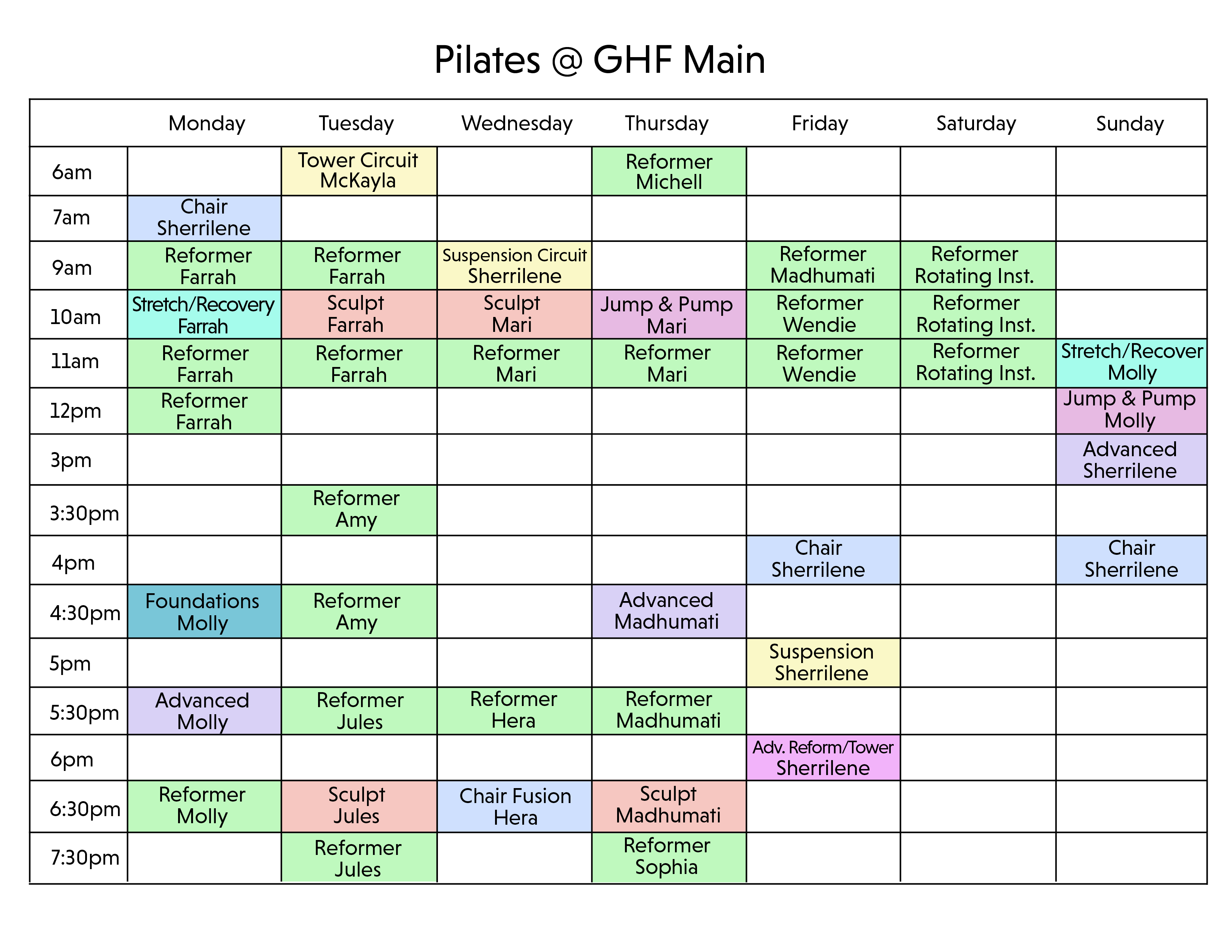 pilates class schedule at ghf main in a table format