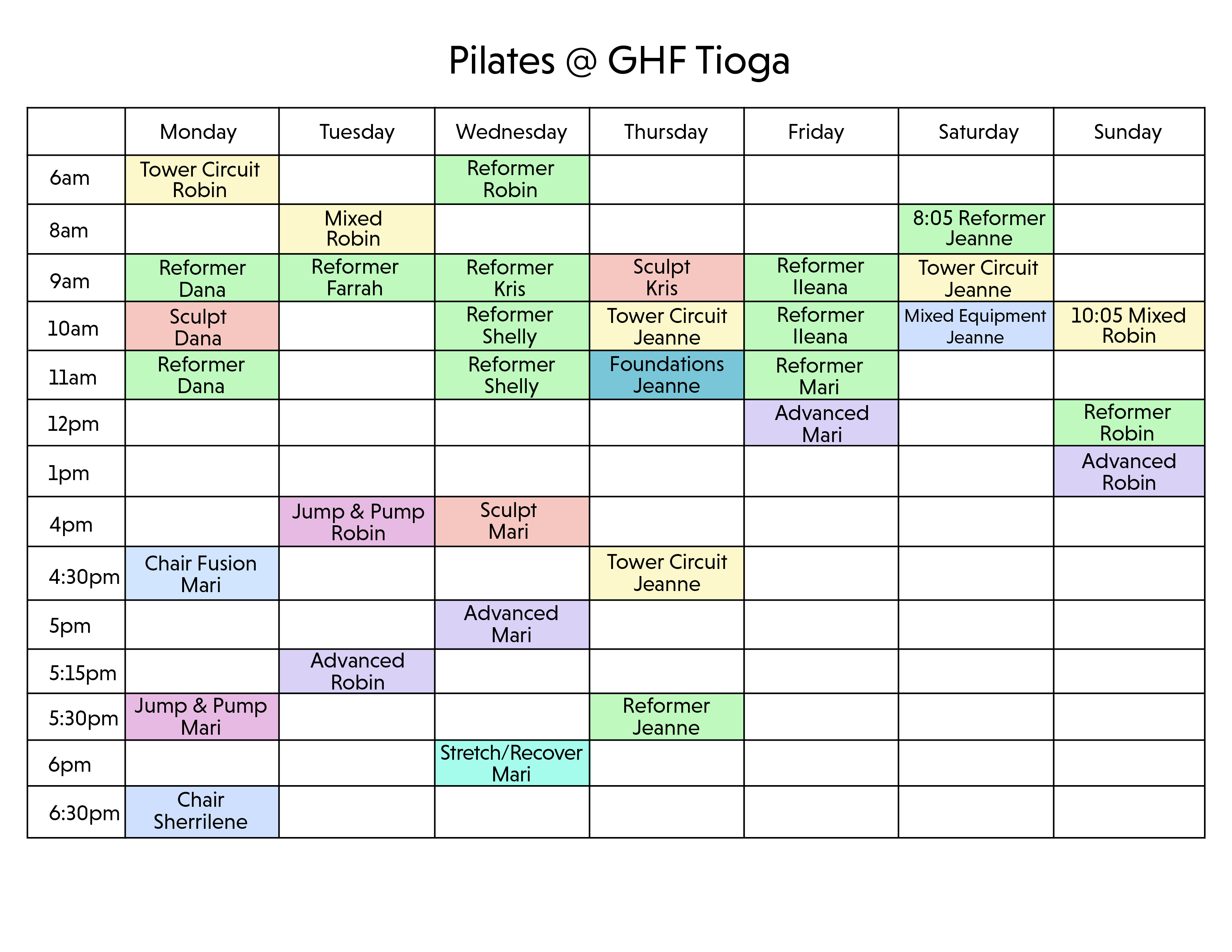 Pilates At GHF Tioga Class Schedule