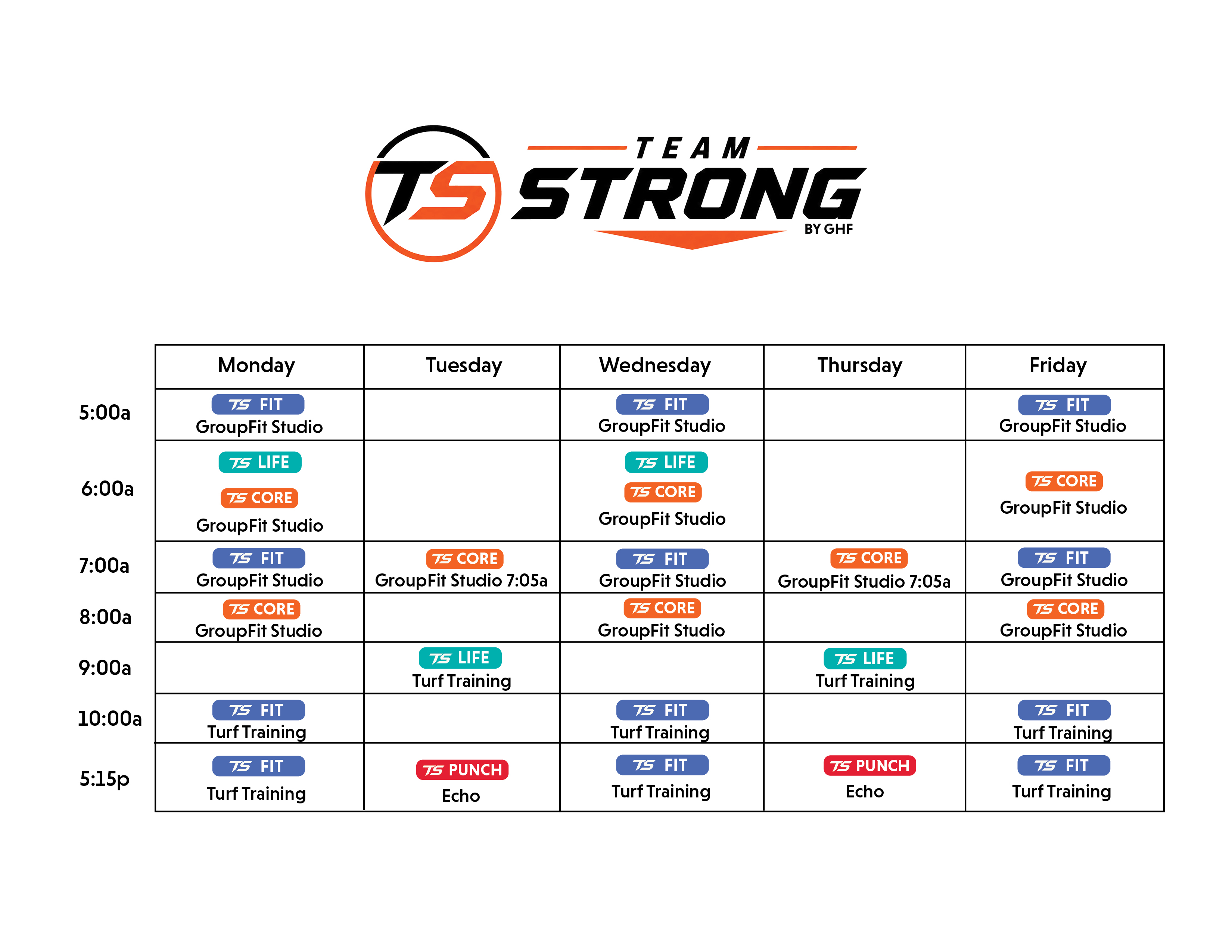 weekly schedule of sessions for team strong small group training at ghf main