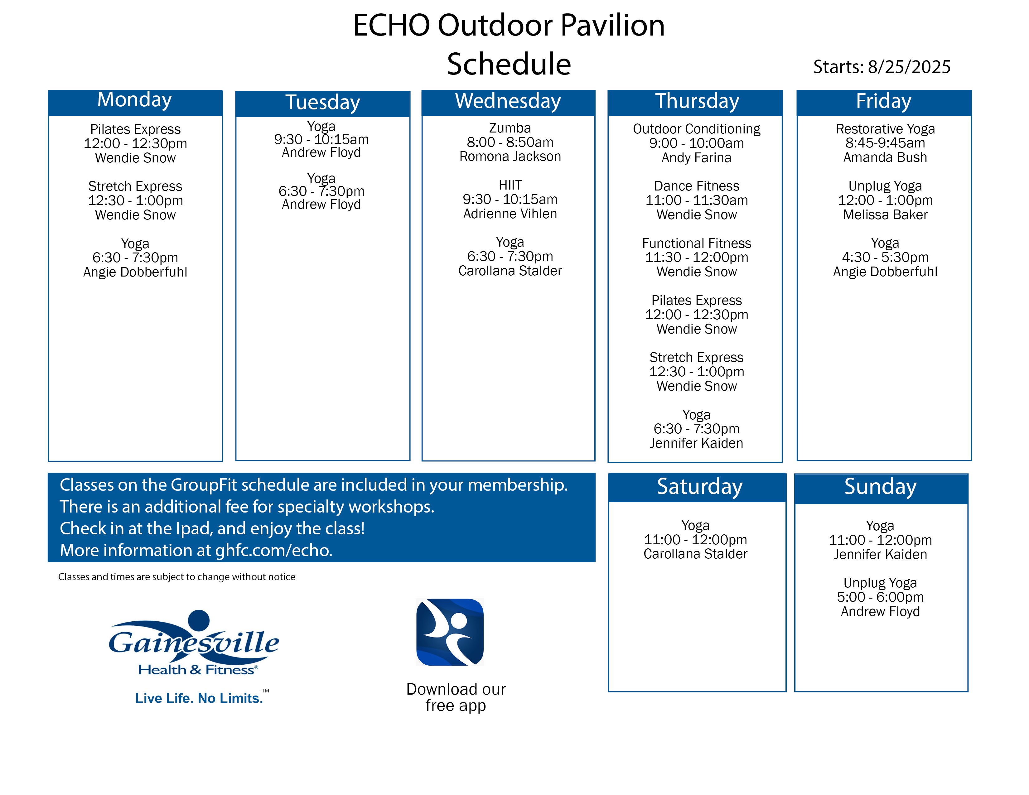 outdoor class schedule at GHF august 2025