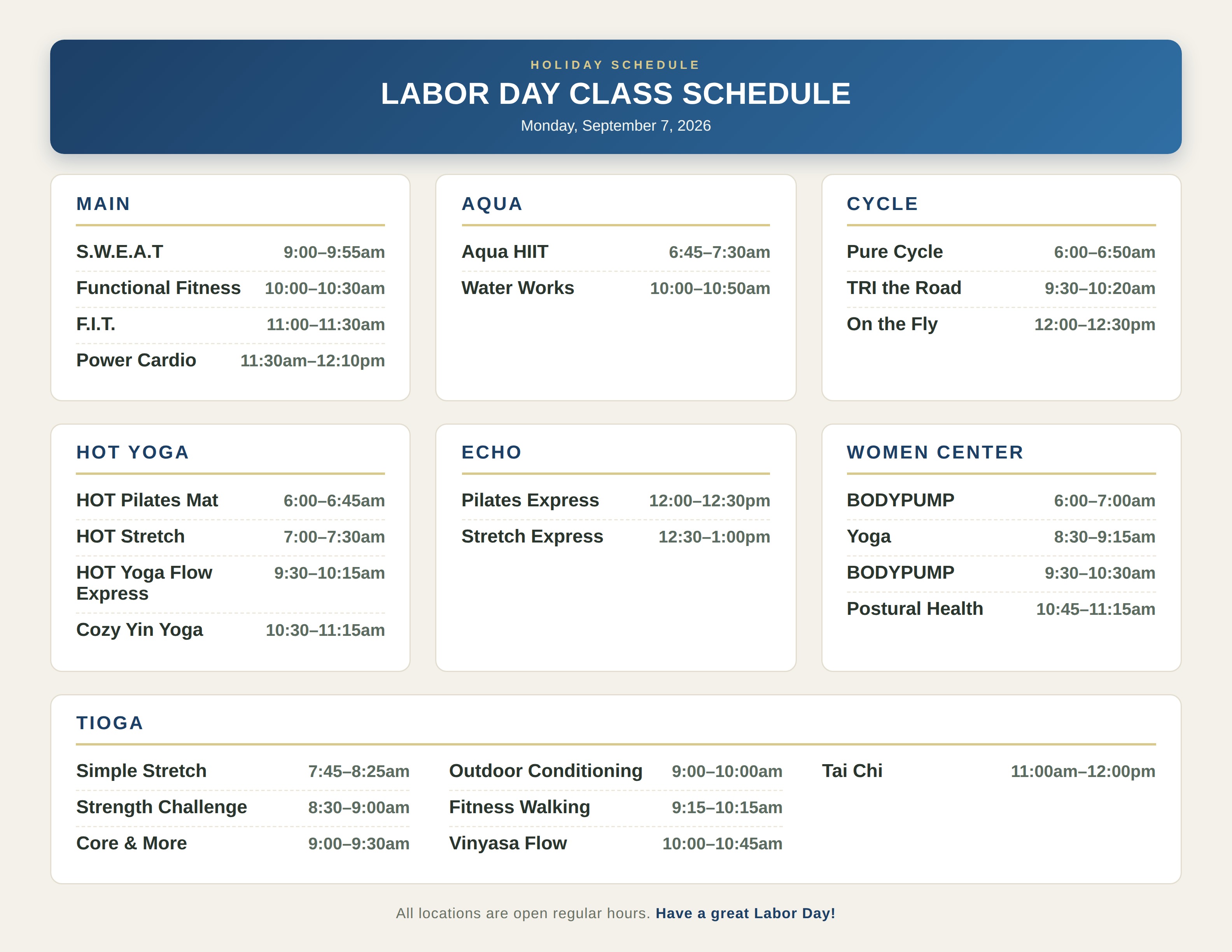 Labor Day fitness class schedule 2026 at gainesville health & fitness 