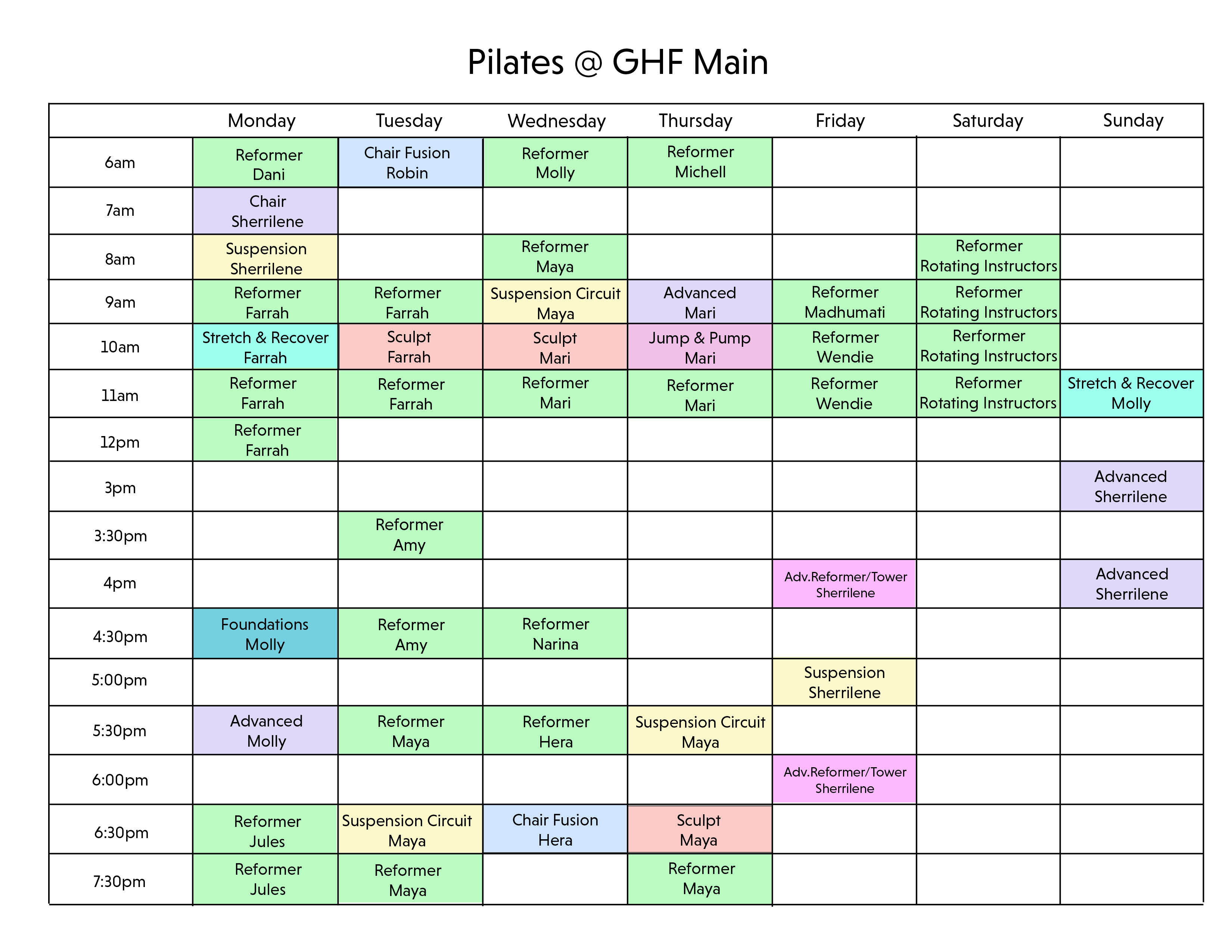 pilates class schedule at ghf main and tioga