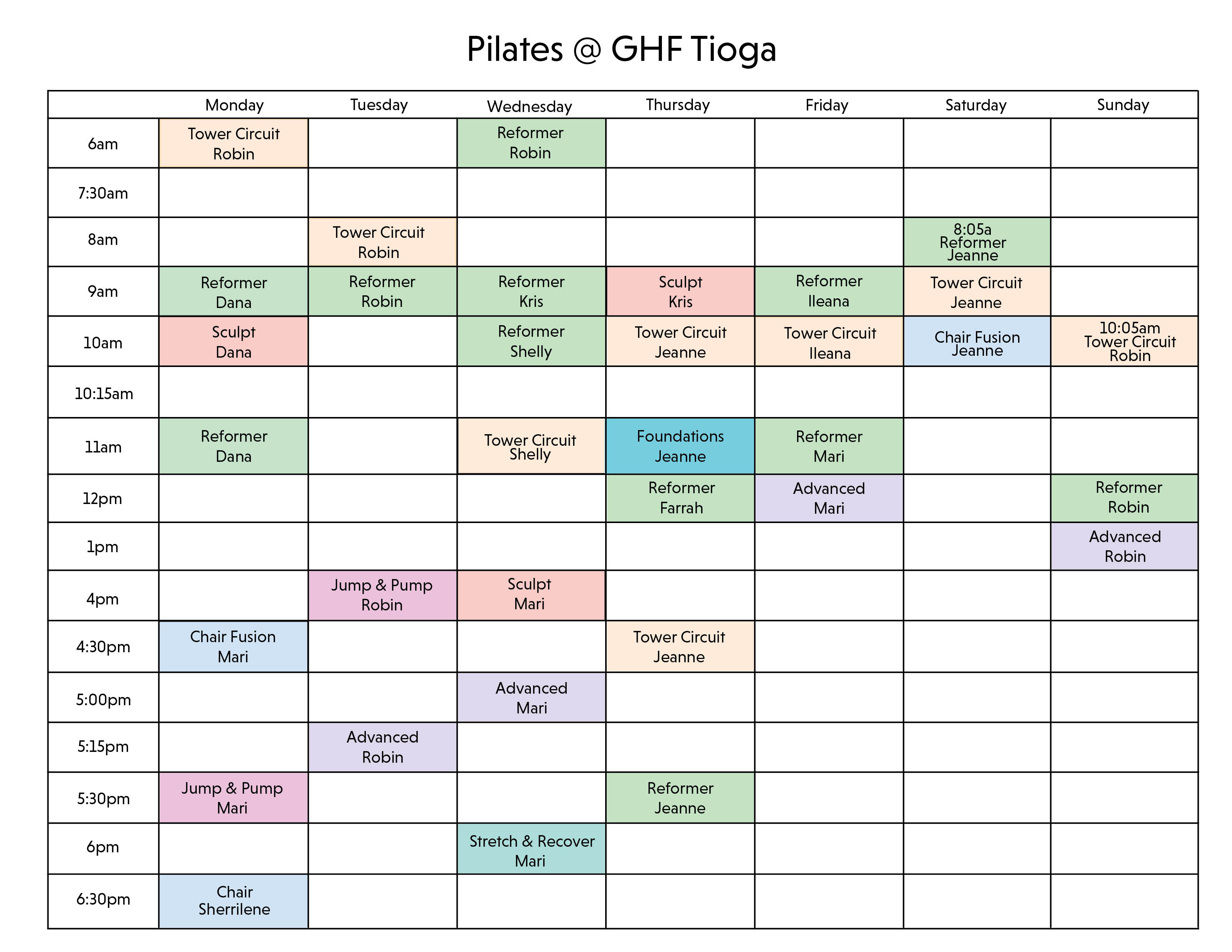 Pilates At GHF Tioga Class Schedule
