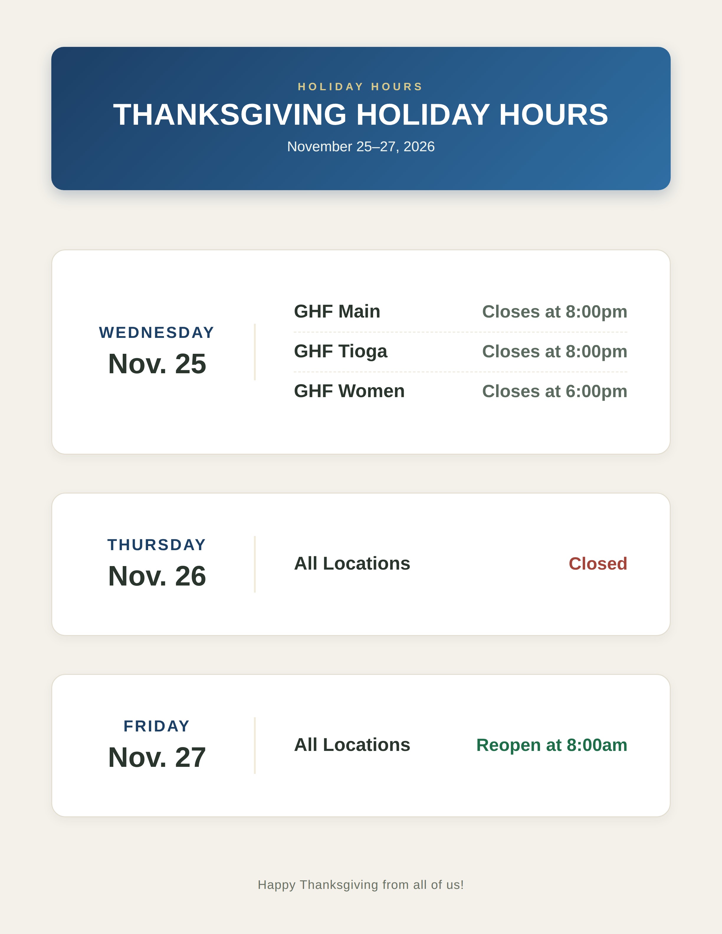 thanksgiving hours of operation at ghfc.com/ghf-holiday-hours