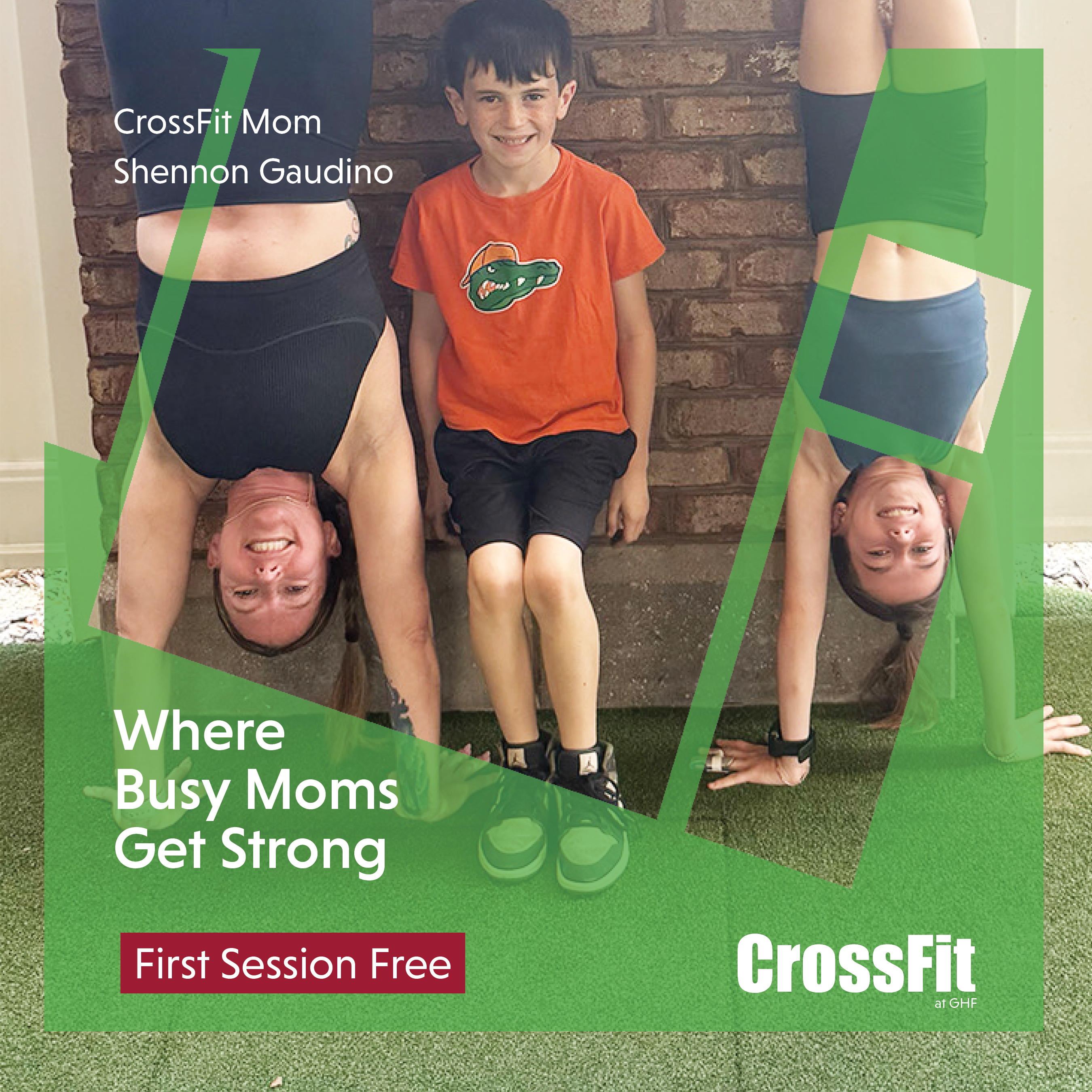 mom doing handstand on wall with her 2 kids standing by her on crossfit turf at ghf tioga. free session at ghfc.com/crossfit