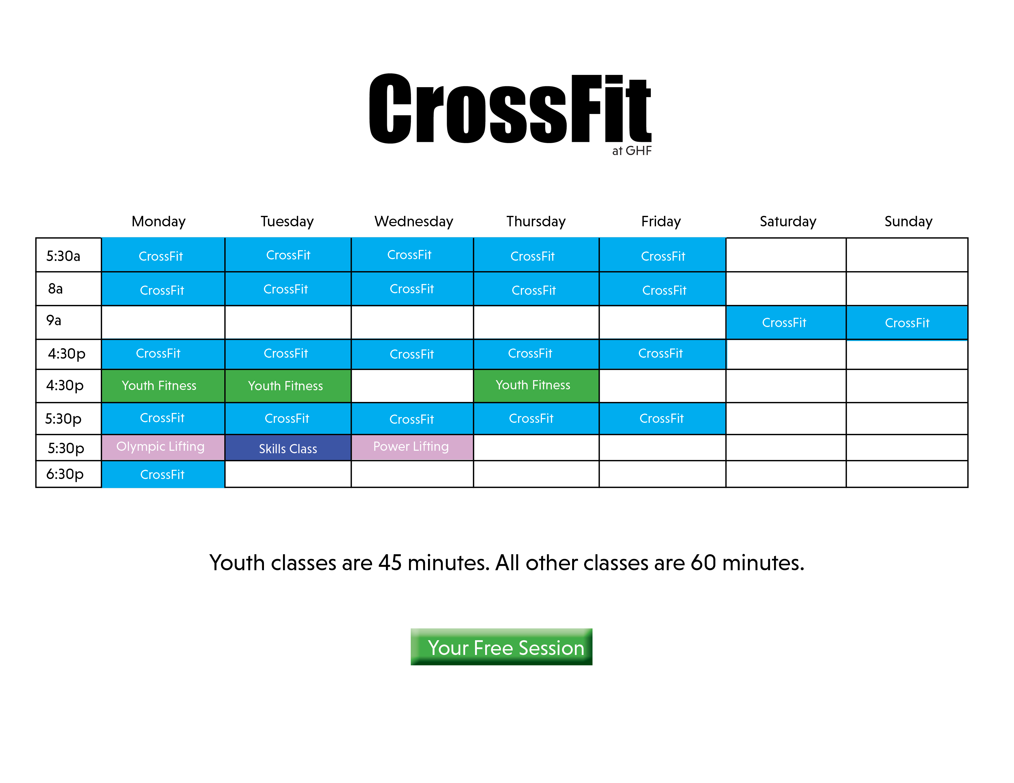 CrossFit class schedule at Gainesville Health & Fitness Summer 2024
