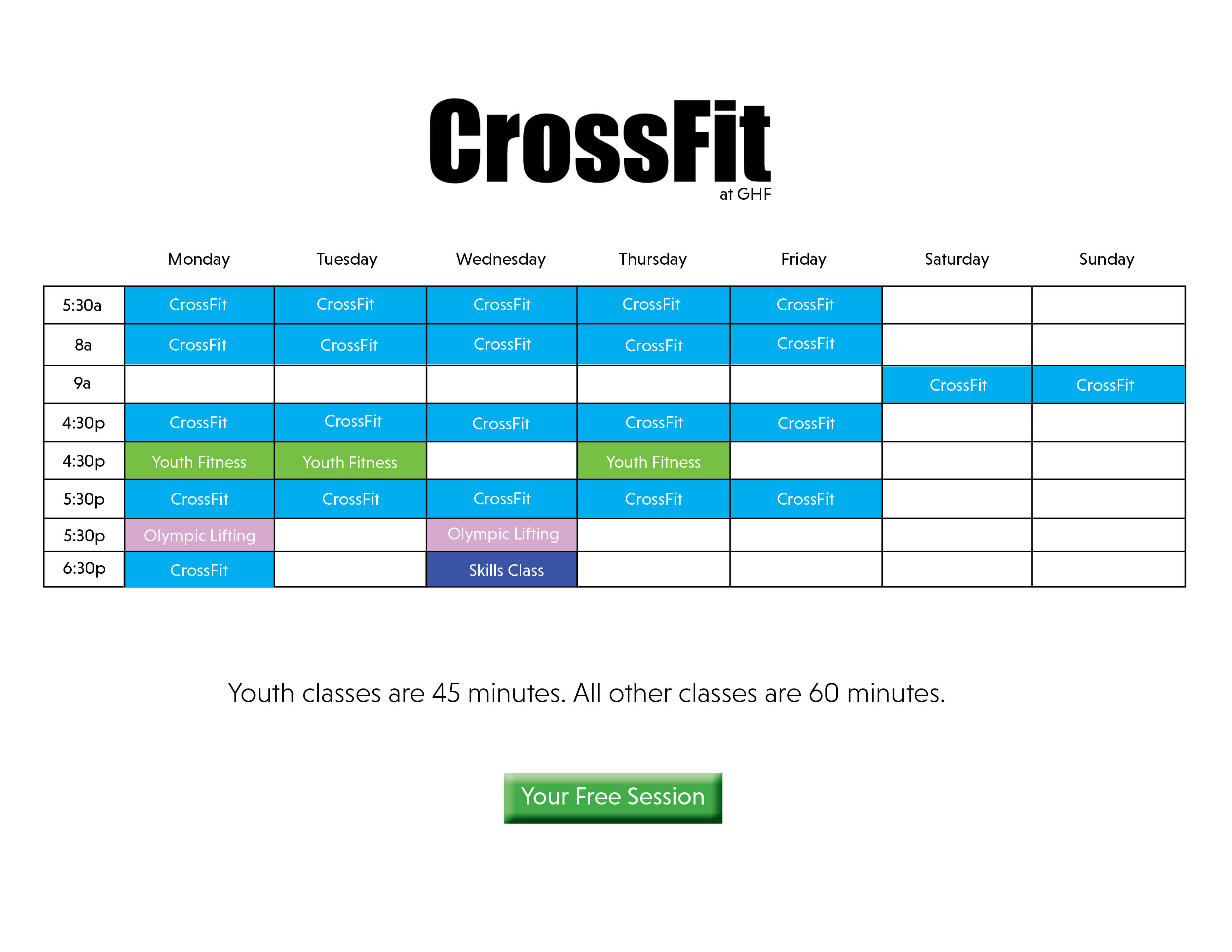 CrossFit class schedule at Gainesville Health & Fitness Summer 2024