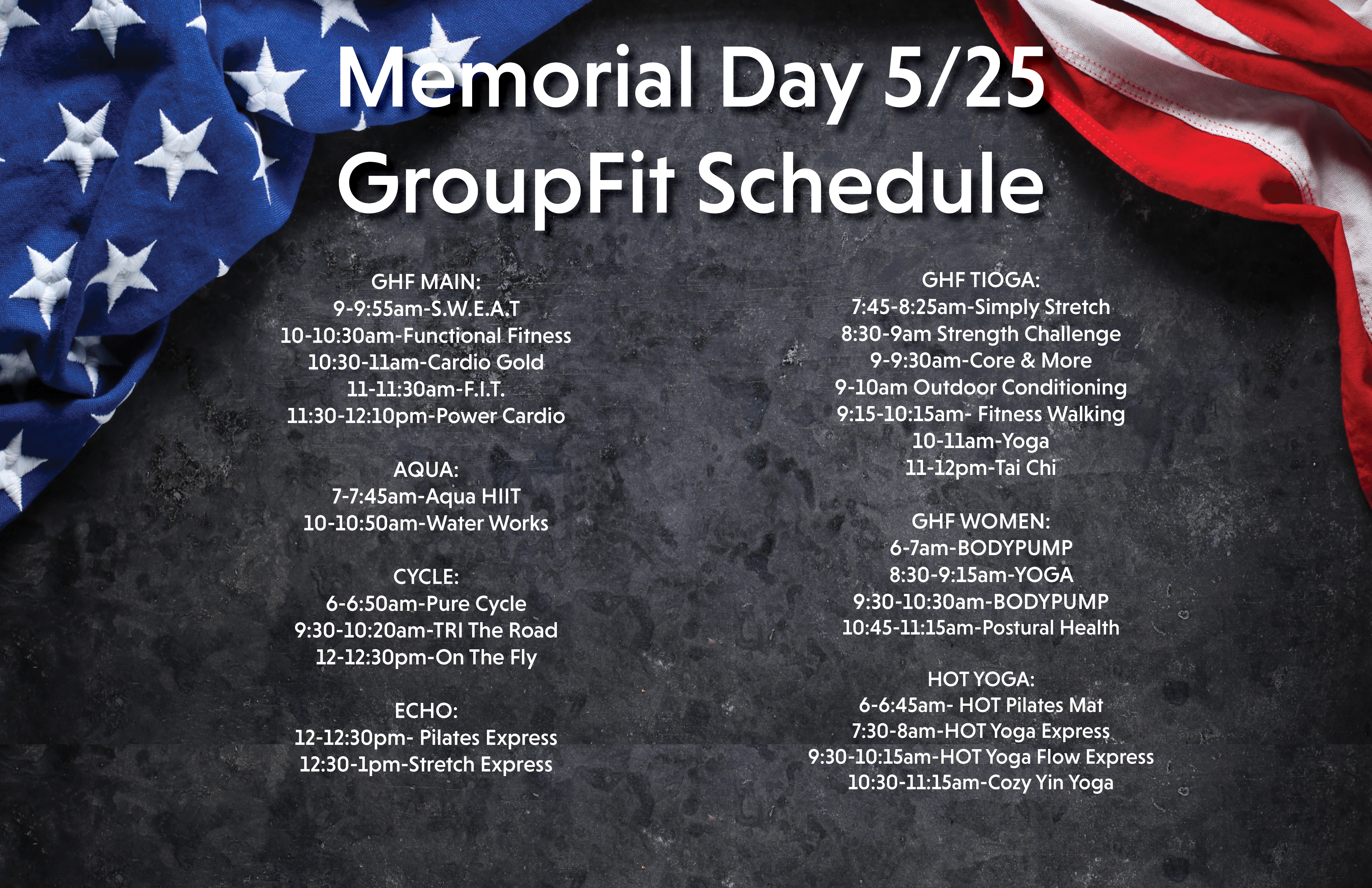 class schedule for memorial day 2026 at GHF. at ghfc.com/ghf-holiday-hours