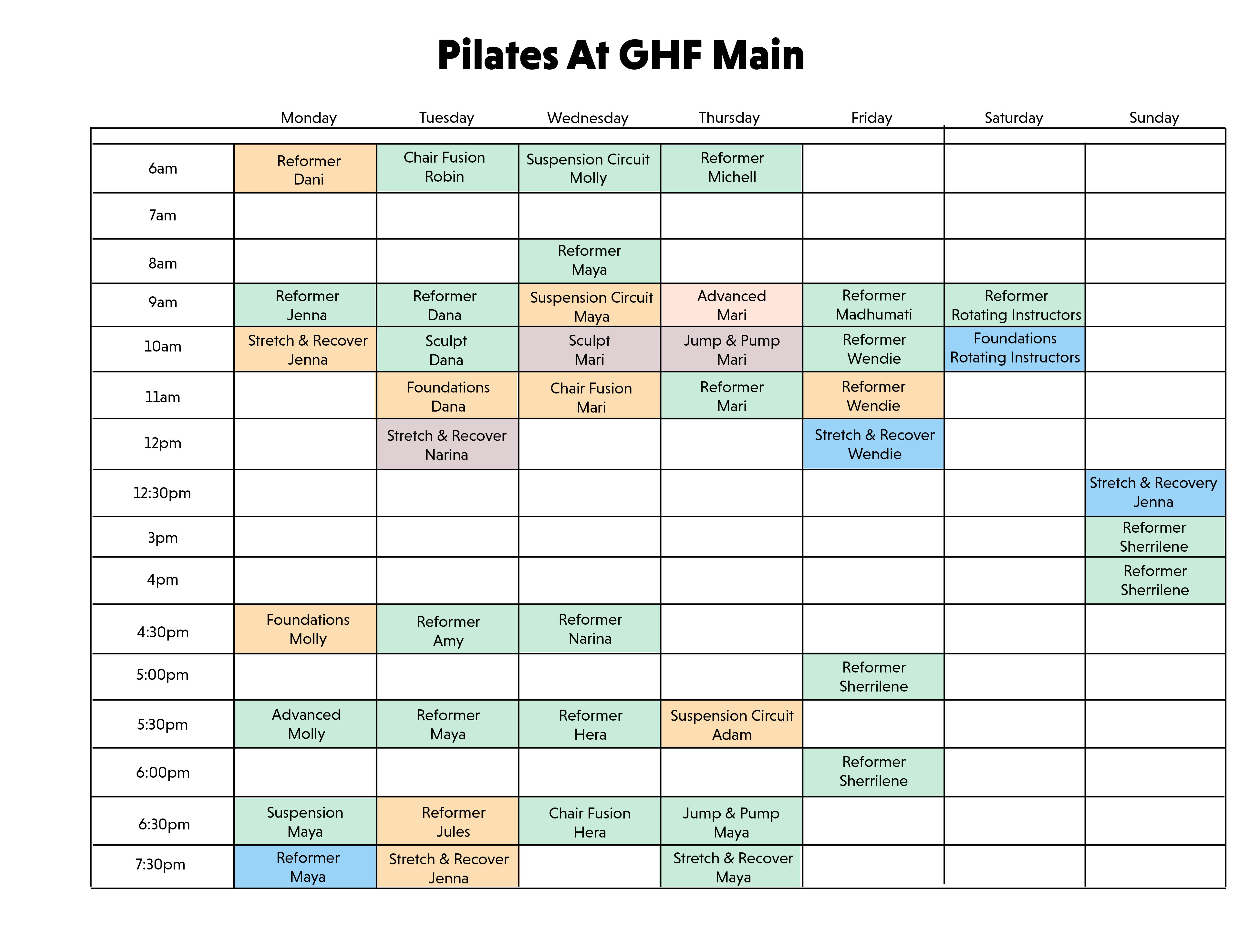 pilates classes schedule at ghf main and tioga