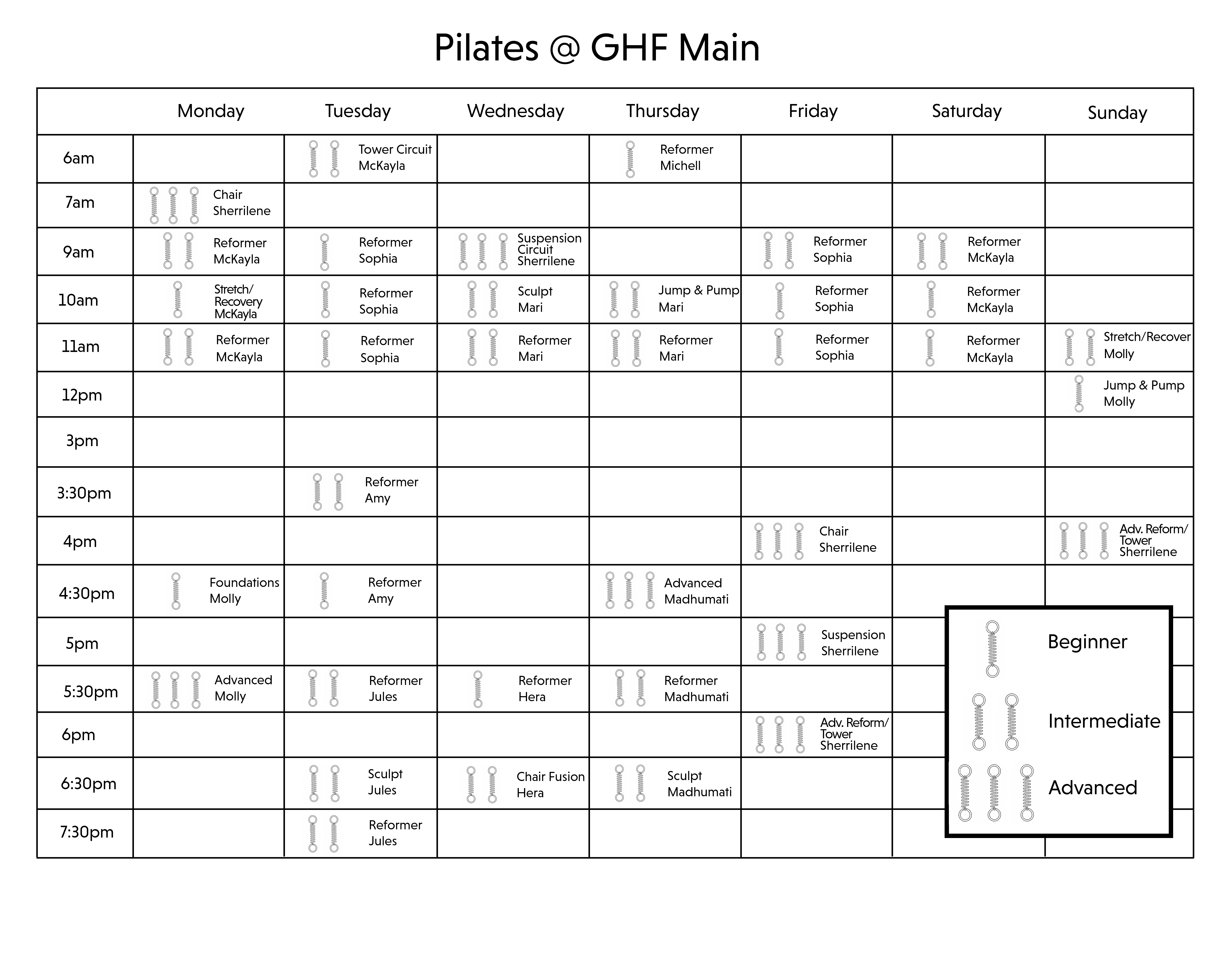 pilates class schedule at ghf main in a table format