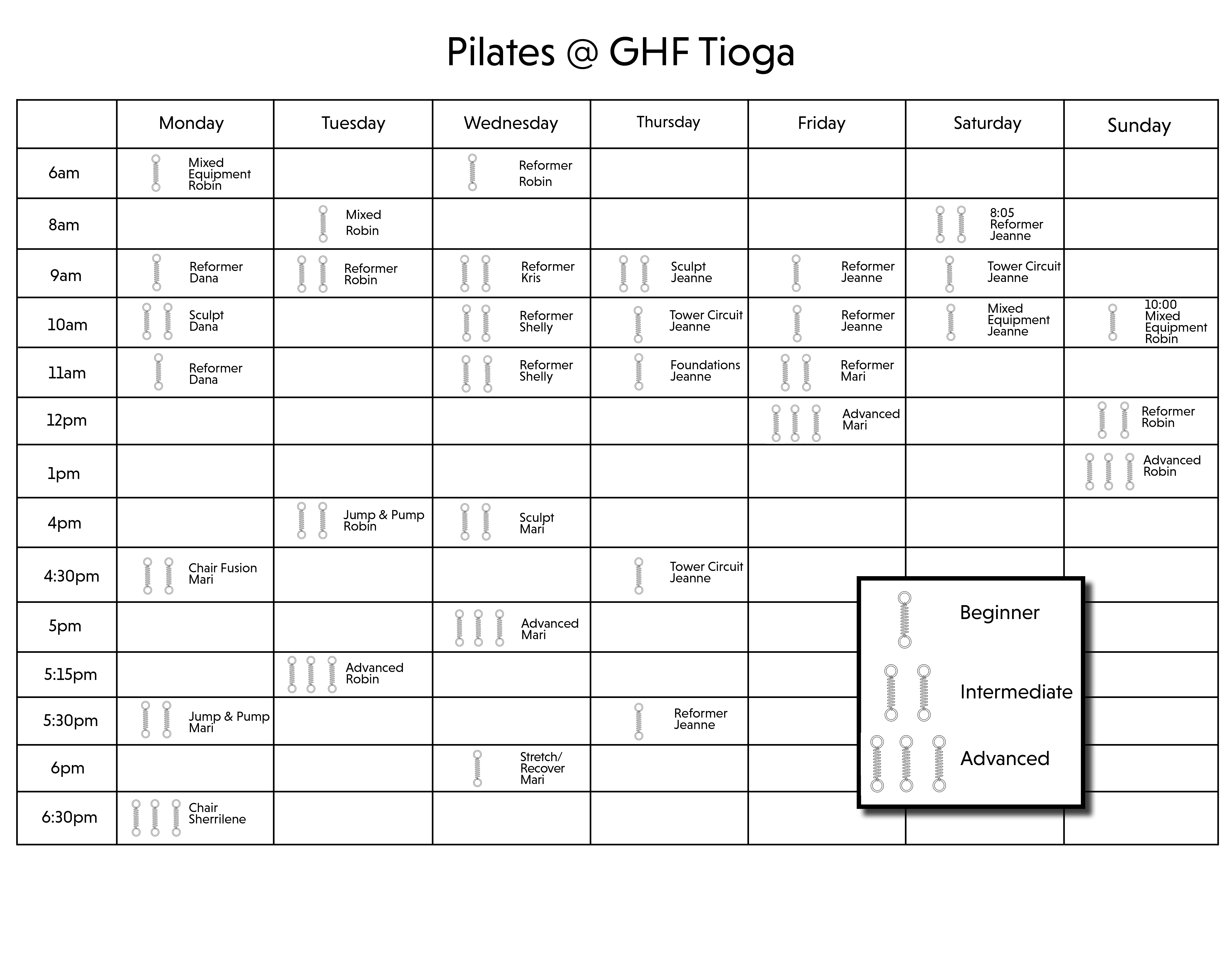 Pilates At GHF Tioga Class Schedule in table format