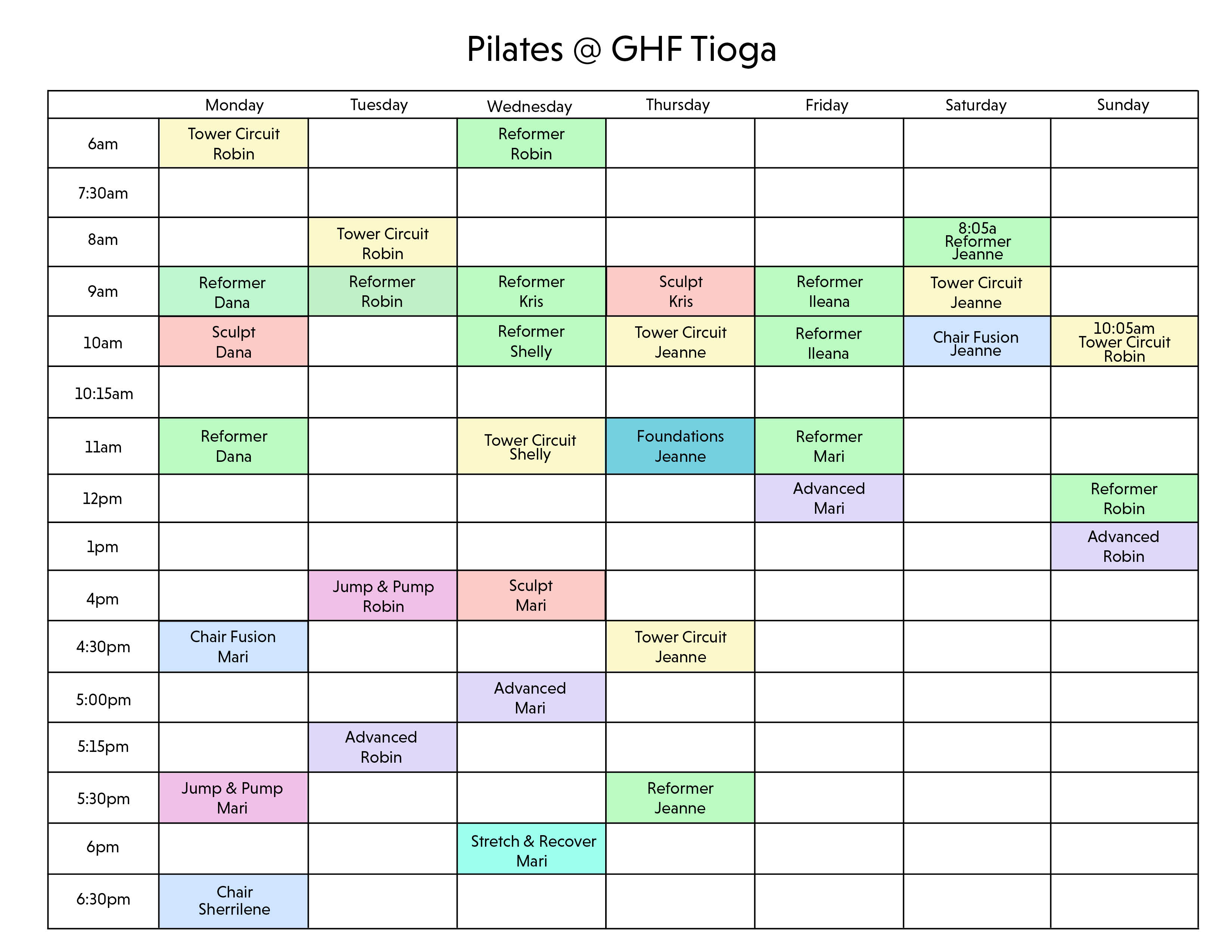 Pilates At GHF Tioga Class Schedule
