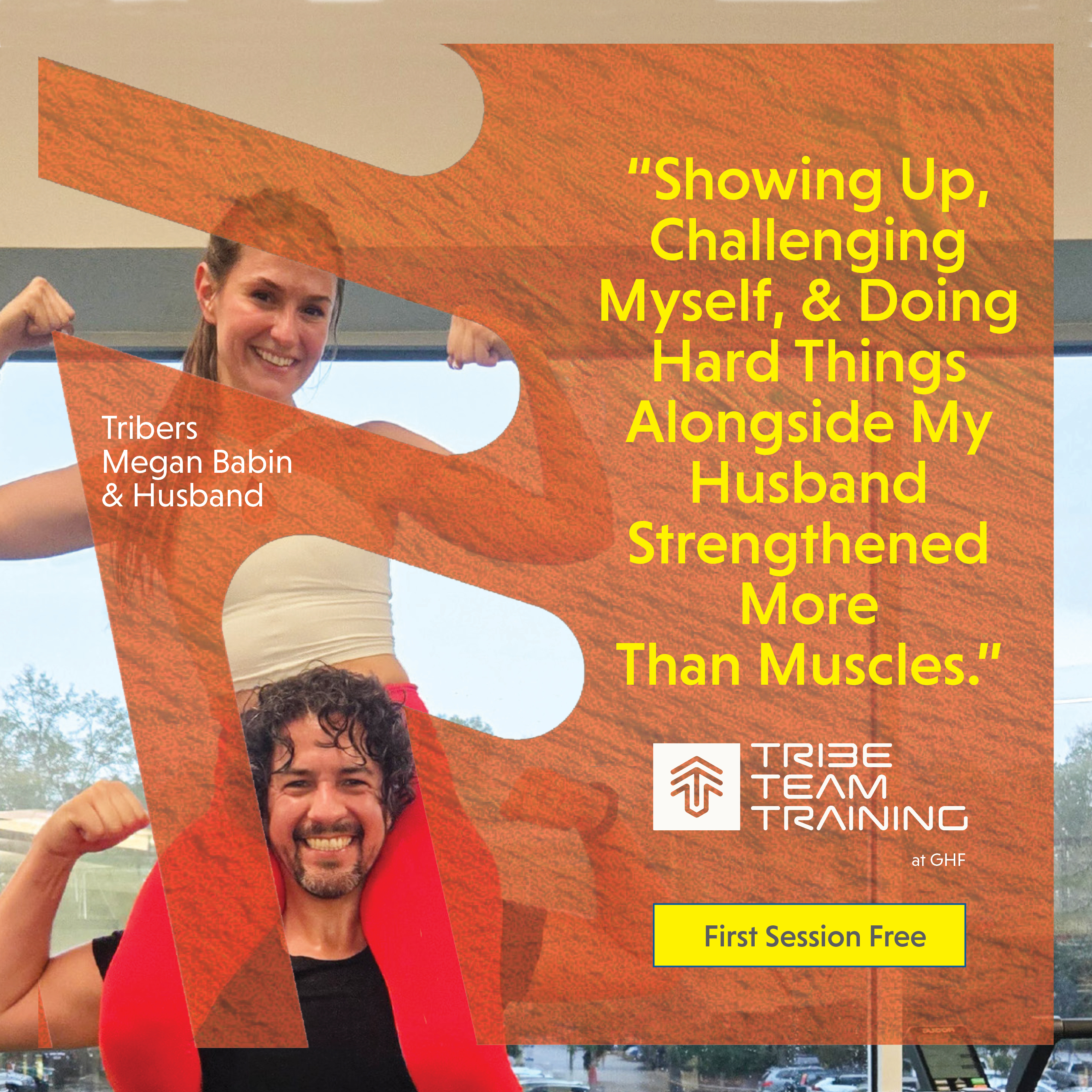 wife sitting on husband's shoulders during a small group training session called tribe team training