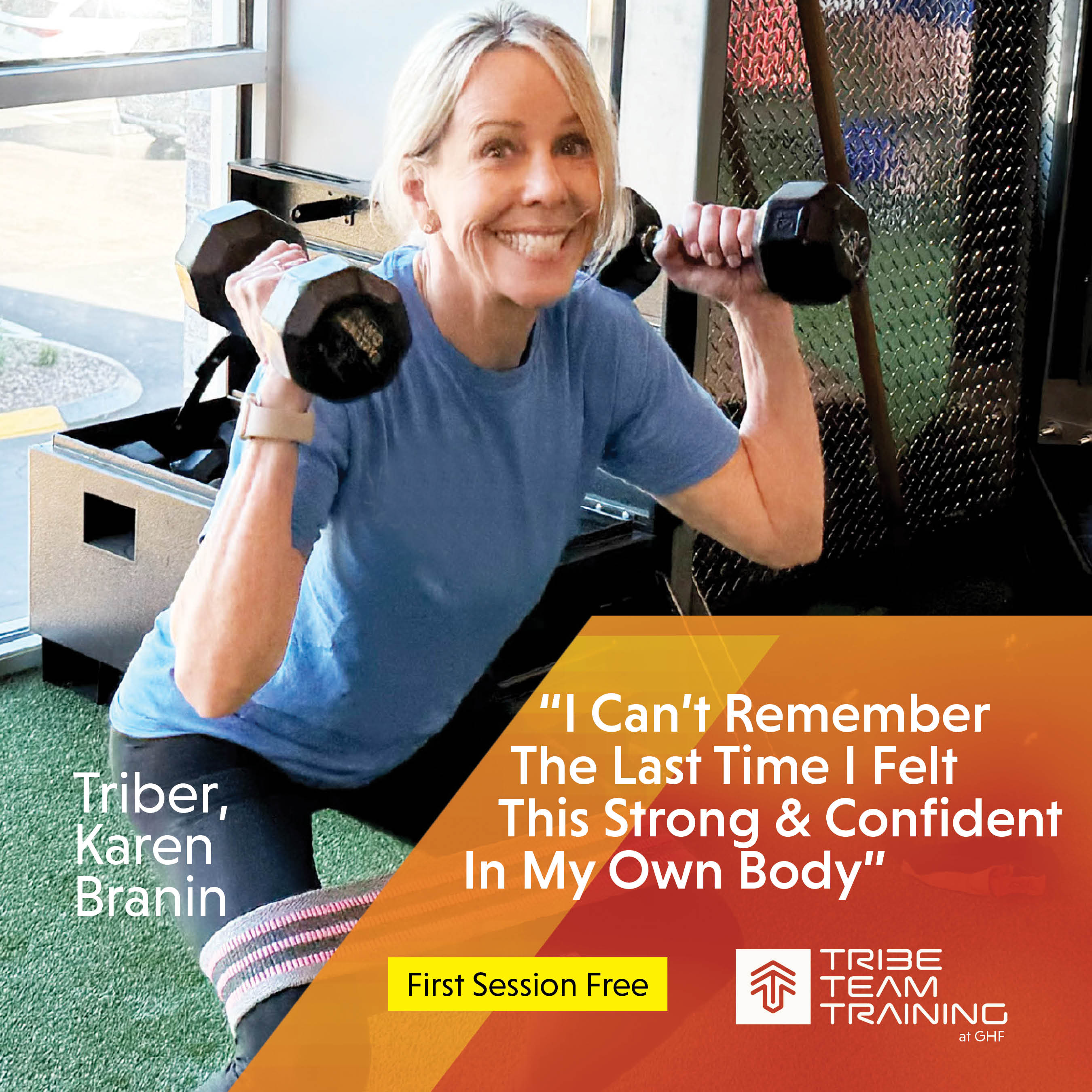 woman doing a dumbbell squat with resistance band in tribe team training session at ghf